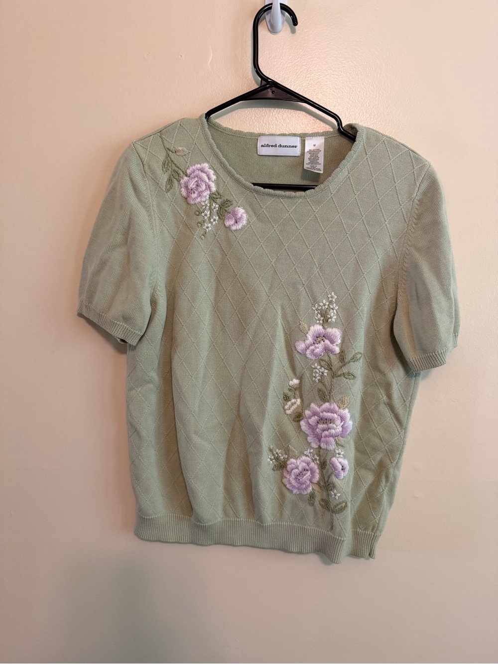 Alfred Dunner Mint Green Short Sleeve Sweater with Lavender Floral Embroidery